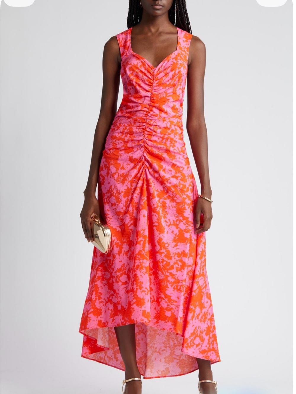 Chelsea28 Ruched High-Low Midi Dress in Orange/Pink Branches - Size S